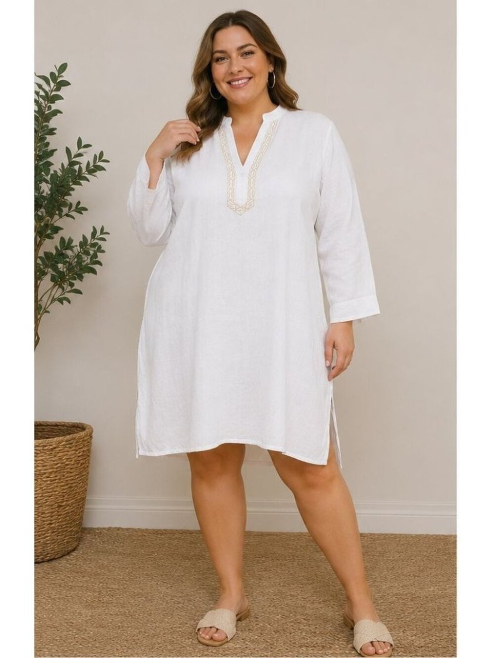 Women’s XL Cotton Linen Blend Tunic Dress White Embroidered Boho Coastal